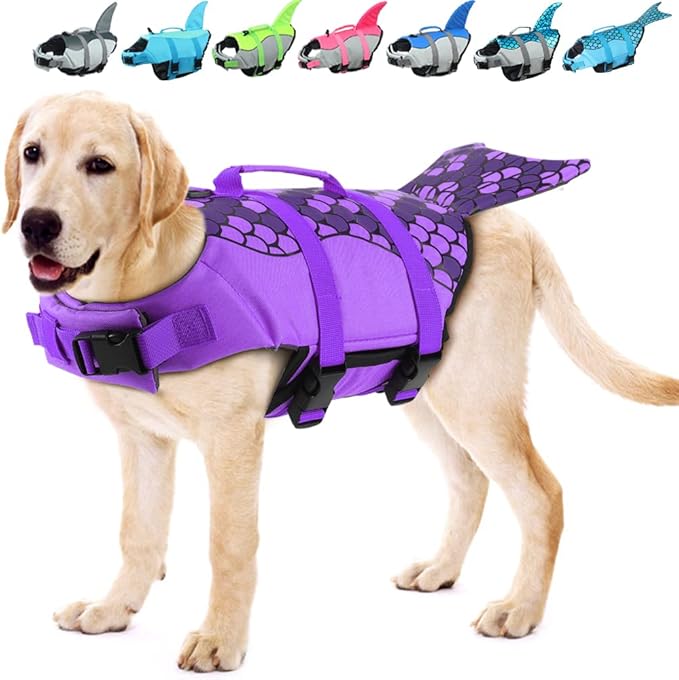 EMUST Dog Life Vests, Dog Life Preserver for Swimming, Boat, Pool, Ripstop Pet Water Vest with High Buoyancy and Lift Handle for Small and Medium Breeds, PurpleMermaid, M