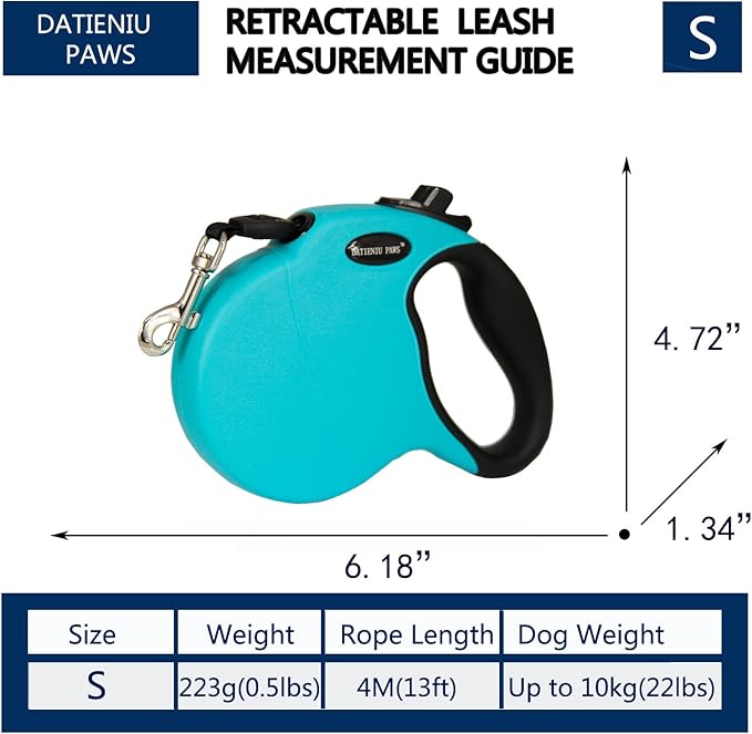 Small 13 FT Retractable Dog Leash – Hands-Free Adjustable Leash for Dogs Up to 22lbs, Tangle-Free Nylon with Ergonomic Grip for Walking, Training & Outdoor Safety Blue S