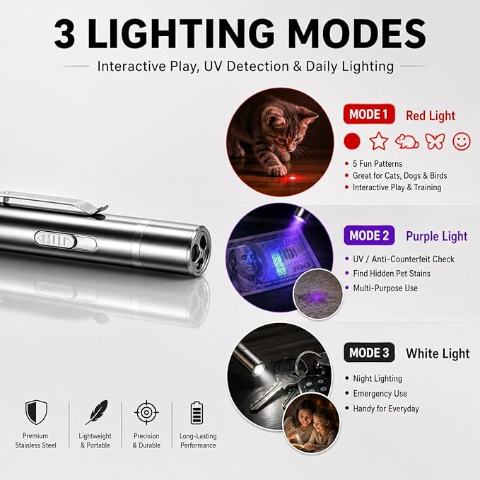 2 Pack Cat Toys, Interactive Light Toy with 3 Light Modes & 5 Patterns, USB Rechargeable Pet Pointer for Cats Dogs Birds, 20-Min Fast Charge, Stainless Steel Teaser Toy with UV Detection & Flashlight
