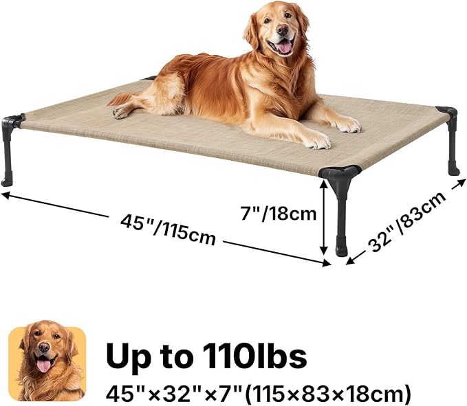 Veehoo Outdoor Elevated Dog Bed Large Sized Dogs, Extra Large Cooling Raised Dog Cots Beds Training Platform Off Ground Hammock with Breathable Mesh, No-Slip Feet, 45"x33", Beige Coffee