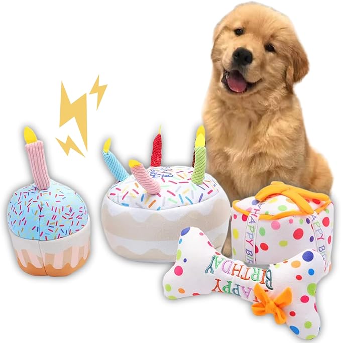 Dog Squeaky Toys Plush Chew Toys Enrichment Toys Interactive Burrow Activity Cute Dog Birthday Gifts Funny Toy Bundle Pack for Small Medium Large Dogs (Birthday Cake - 4 Pack)