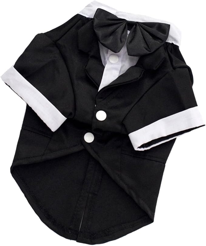 GabeFish Pets Wedding Jackets Suit for Dogs with Bow Tie Puppy Cat Formal Clothes Shirt Tuxedo (Black, L (Chest 17.3in/44cm)