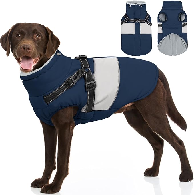 Dog Coat, XXL Dog Jacket Winter with Harness Built in, Waterproof Pet Snow Jacket with Furry Collar for Chilly Day, Reflective Fleece Snowsuit for Extra Large Dogs, Navy Blue 2XL