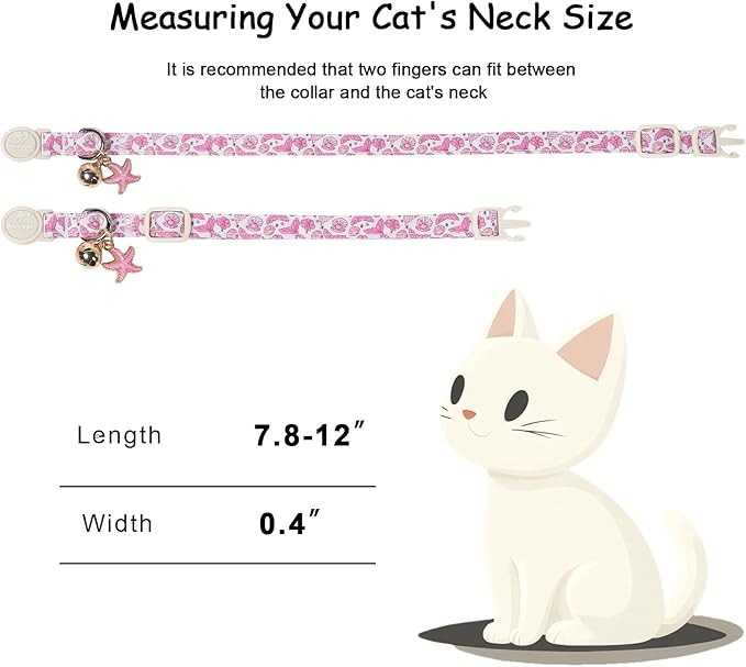 2 Pack Pink Cat Collars - Summer Breakaway Girl Cat Collars, Adjustable Kitten Safety Collar for Small Dogs Puppy, Cute Plaid & Mermaid Pet Collar with Bell & Pendant