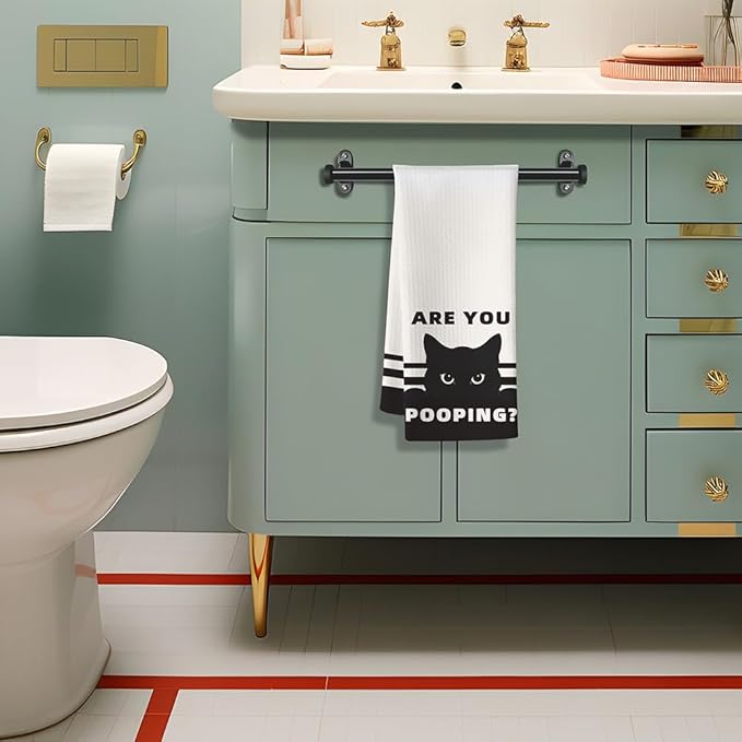 Humorous Bathroom Hand Towel with Playful Feline Art - Quirky Black Cat Decor & Funny 'Are You Pooping' Inspired Design, Decorative Bath Towel for Cat Lovers, Unique Gifts for Women Who Love Cats