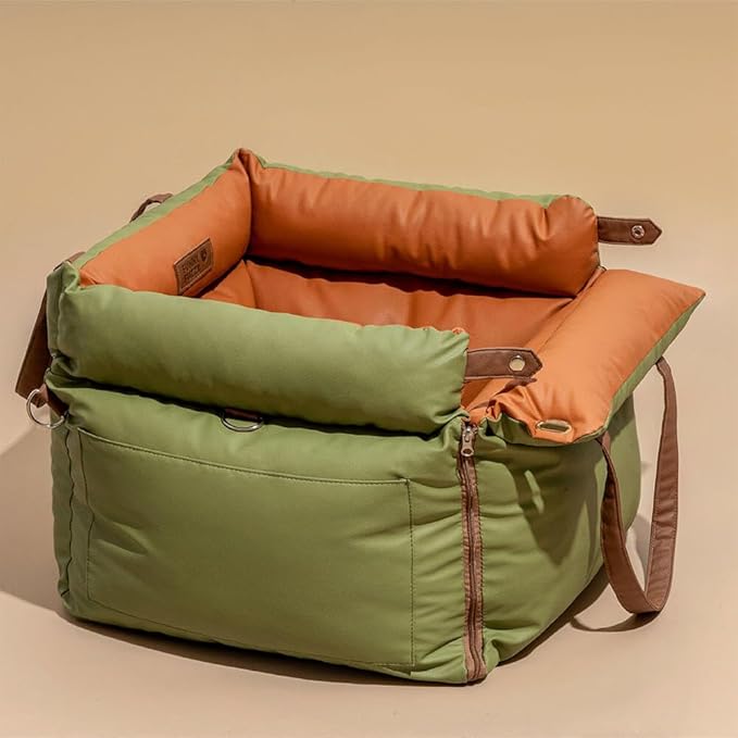 FUNNYFUZZY Luxury Dog Car Seat for Small Medium Dogs Under 35 lbs, Waterproof Leather Pet Booster Seat with Safety Leash & Anti-Slip Base, Fully Padded Dog Car Bed, Portable Puppy Carrier(Green)