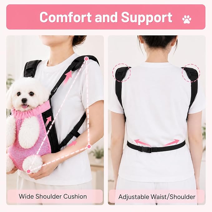 Inspack Dog Backpack Carrier/Cat Carrier, Adjustable Pet Front Carriers Travel Bag for Puppy Medium Dogs, Legs Out, Soft Ventilated Doggie Chest Carry Backpacks for Hiking/Camping, 7-11 lbs, Pink