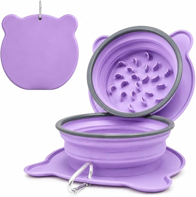 Collapsible Dog Bowls, 2-in-1 Silicone Pet Food and Water Bowl with Carabiner - Portable Double Compartment Travel Dish for Dogs, Ideal for Camping, Hiking, Car Rides, Puppy Essentials (Purple)
