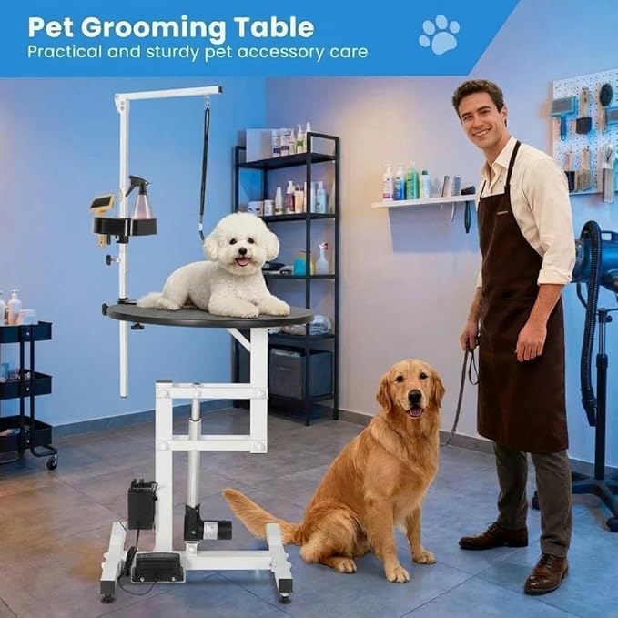 24 Inch Electric Dog Grooming Table with Rotating Desktop, Adjustable Overhead Arm & Foot Remote, 250lbs Heavy Duty Pet Grooming Station for Small Dogs Cats at Home or Salon
