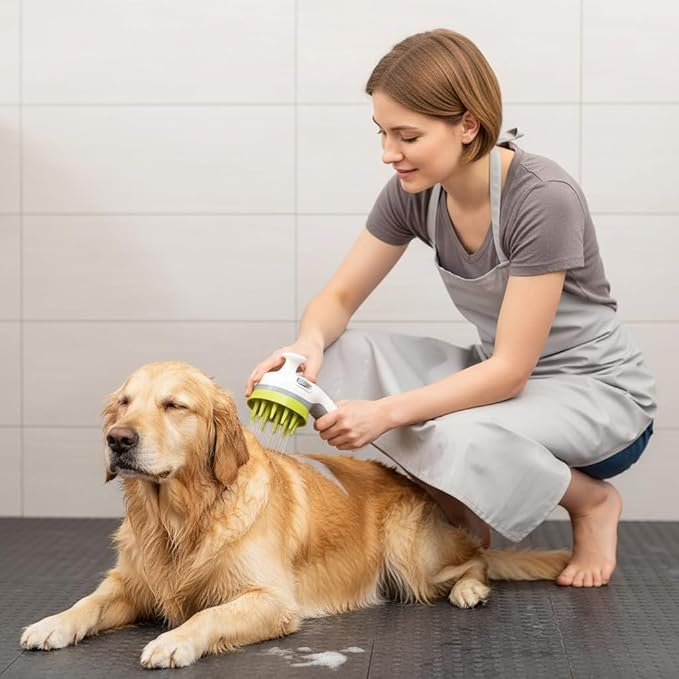 3-in-1 Pet Bathing Shower Head with Soft Massage Bristles – One-Touch Spray Control, Anti-Splash Guard & Non-Slip Handle for Dogs & Cats, Fits Standard Faucets & Garden Hoses (ivory white)