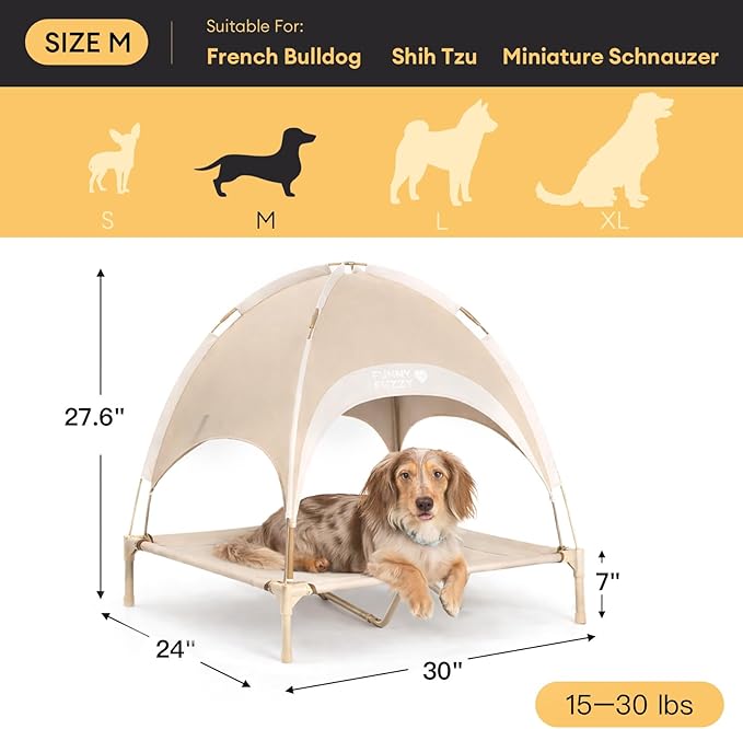 FUNNY FUZZY Elevated Cooling Dog Bed with Canopy(30"x24"x7"), Khaki, Outdoor Raised Dog Cot with Shade, Cooling Breathable Mesh Pet Bed, Portable Waterproof Dog Camping Bed for Large Medium Small Dogs