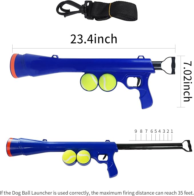 Dog Ball Launcher for Pet, Dog Ball Thrower Launcher with 2 Tennis Balls & Shoulder Strap, 23.4" Long-Range Ball Launcher Toy for All Dog Breeds, Blue
