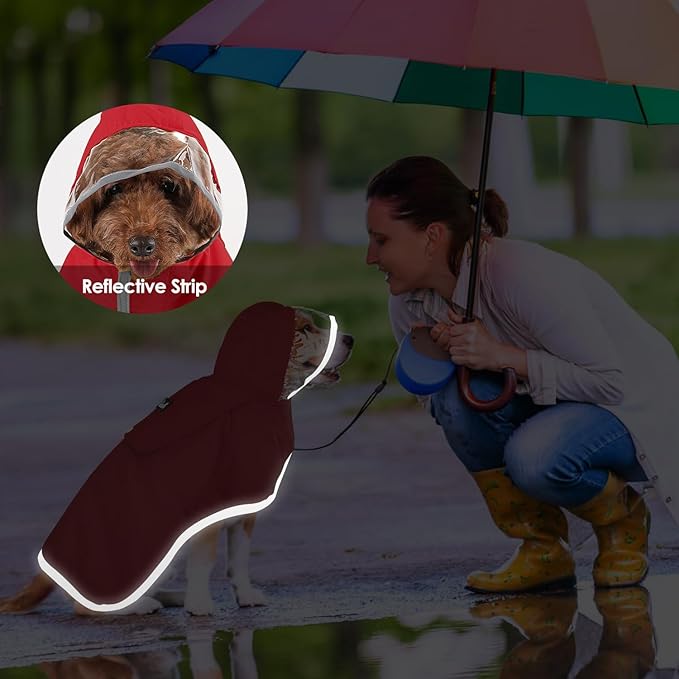 Lukovee Dog Raincoat - Lightweight Hooded Dog Rain Coat for Large Medium Small Dogs, Adjustable Poncho Jacket with Reflective Stripes & Built-in Storage Pocket (Red, Small)