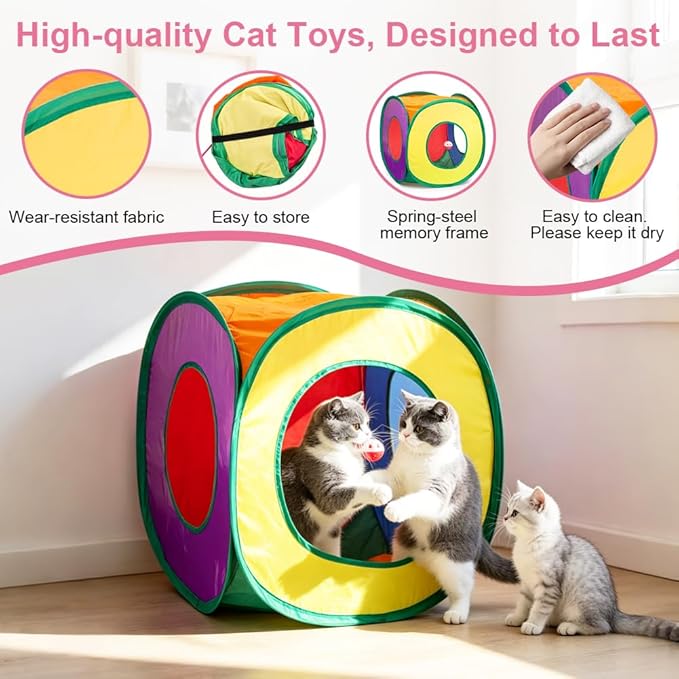 Retro Shaw Cat Toys for Indoor Cats, 33 Pack, Interactive Kitten Toys with Collapsible Kitty Tunnel Tent Feather Wand Springs Balls Bells Mouse Kitty Toys 15.7 Inches for All Breeds