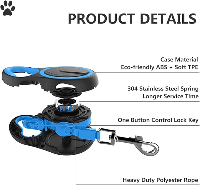 Dual Retractable Dog Leash for Walking 2 Small-Large Dogs up to 44lbs / 20 kg,Double Headed 16 ft Extendable Dog Leash with Poop Bags--Non Slip Grip, 360 Tangle-Free,One Button Break & Lock, Blue