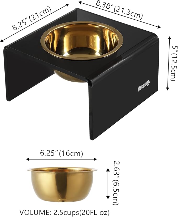 THE LICKER Store DBL2002B Keaton 5" Small/Medium Modern Acrylic Rectangular Elevated Pet Feeder with 20oz 1-Stainless Steel Bowl, Black/Gold