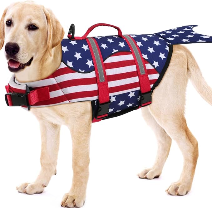 EMUST Dog Life Vest for Swimming, Ripstop Medium Dog Safety Preserver for Pool Beach Boating (M, MermaidStar)