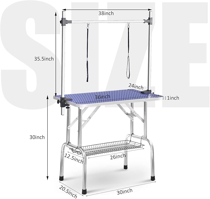 36 Inch Professional Adjustable Pet Grooming Table Heavy Duty with Arm Noose & Mesh Tray for Dog Cat Shower Table Maximum Capacity Up to 265Lb, Blue