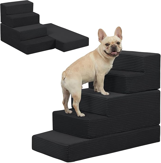 Dog Stairs for Small Dogs, 22" H Dog Steps for High Bed, 5 Steps 3 in 1 Foldable Pet Ramp for Large Cats Climb, Transformable Large Cats Ramp to Get on Couch, Non-Slip Balanced, Black