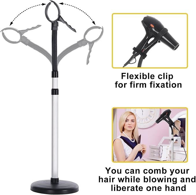 Erytlly Hair Dryer Stand Hands Free 360-Degree Rotating Adjustable Height Metal Hair Dryer Stand Blow Dryer Holder About for 0.5kg Hair Dryer in Bathroom, Vanity, Makeup Room