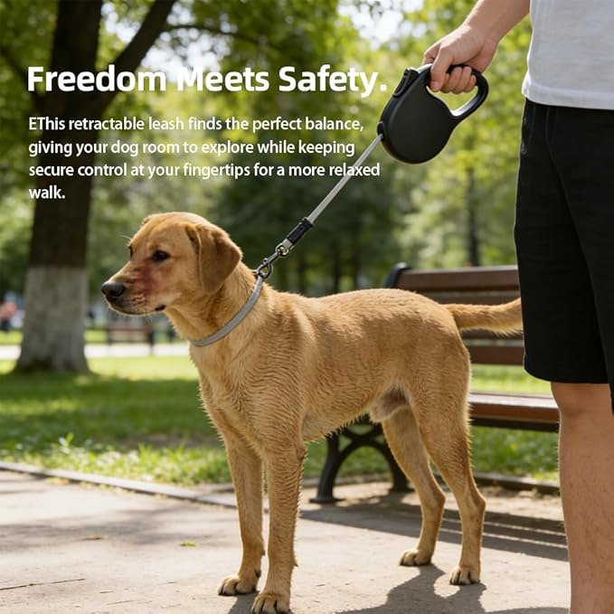 Retractable Dog Leash for Medium & Large Dogs up to 80 lbs, One-Handed Brake, 180kg Strong Nylon Tape, Tangle Free, Anti-Slip Handle (M & L Size) (Black, M-4M)