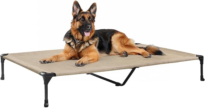 Veehoo Outdoor Elevated Dog Bed for Large Dogs, Cooling Raised Dog Cot Off Ground Hammock Pet Beds with Breathable Mesh, No-Slip Feet, 50"x32", Beige Coffee