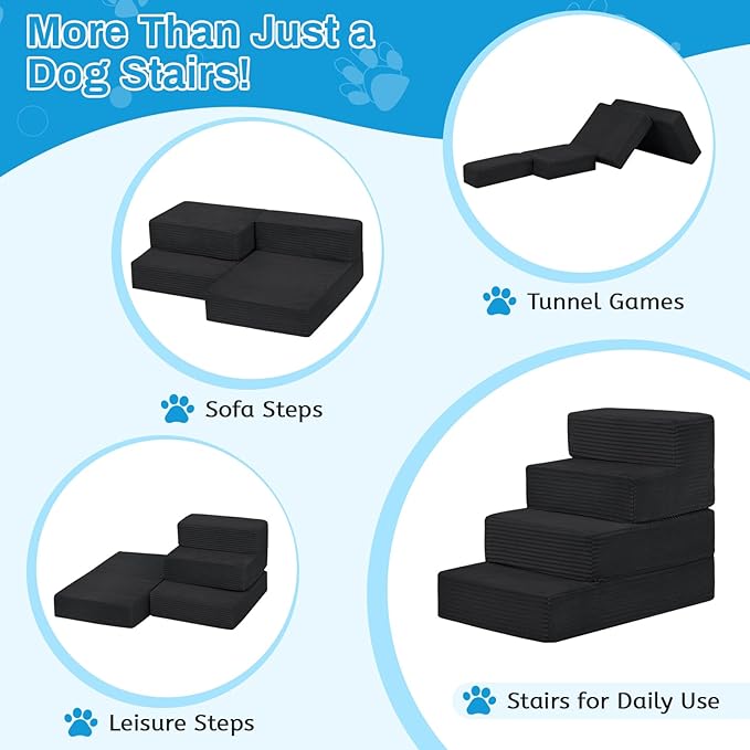 Dog Stairs for Small Dogs, 18" H Dog Steps for High Bed, 4 Steps 3 in 1 Foldable Pet Ramp for Large Cats Climb, Transformable Large Cats Ramp to Get on Couch, Non-Slip Balanced, Black