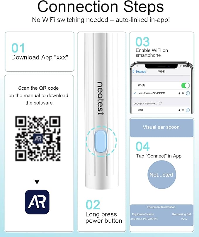 NEATEST Ear Wax Removal Tool with Camera, Ear Cleaner Tool with 8 Pcs Ear Set, 1296P HD Wireless Otoscope with 6 LED, Ear Cleaning Kit for iOS Android (White)