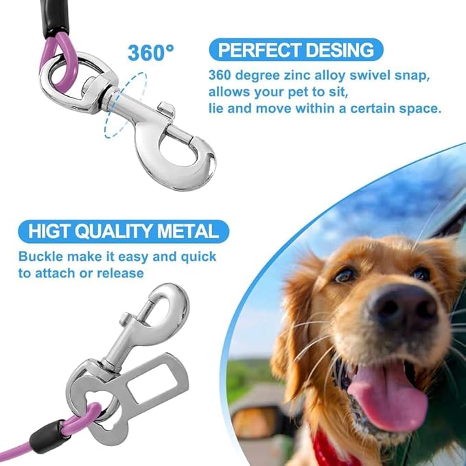 Dog Seat Belt Harness for Car,2pcs Dog Seatbelt of Coated Wire Leash Safety Restraint,No Chew Tether Cable Vehicle Dogs Accessories,Double Clips & Latch (Purple, 32 inch/80 CM)