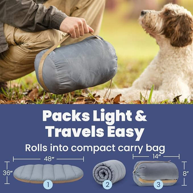 Travel Dog Bed (48" x 36") - Foldable & Packable for Travel, Road Trip, Camping – Lightweight, Water Resistant & Cozy with Soft Padding – Compact, Portable & Machine Washable – Large Breeds: Grey