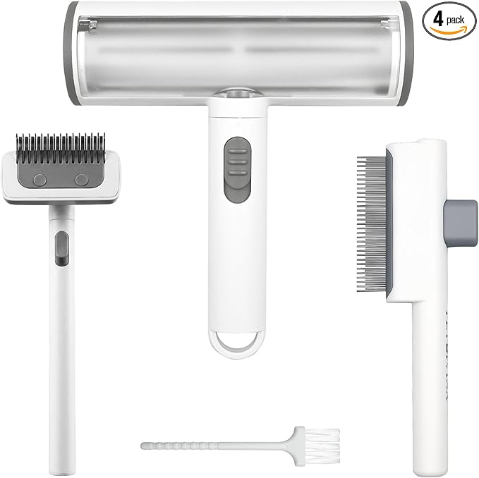 Pet Hair Remover, 4PCS — Cat & Dog Reusable Lint Roller, Deshedding Brush, Dematting Undercoat Rake & Grooming Comb for Couch, Carpet, Bed, Clothes, Furniture & Car Seat