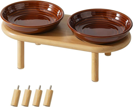 Havniva Elevated Cat Bowls Raised Ceramic Cat Bowl, 5.9” Wide Opening Cat Food Bowl Whisker Friendly Cat Dish Anti-Slip with Bamboo Stand, Shallow Pet Food & Water Bowl for Indoor Cats