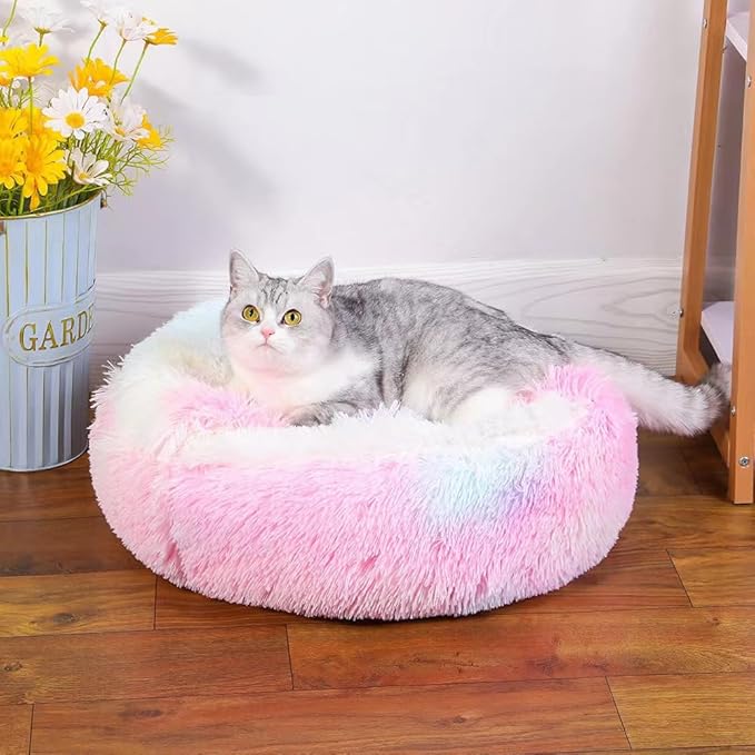 Cat Bed Round Fluffy Hooded Cat Bed Cave, Anti-Anxiety Cave Bed with Hooded Blanket, Cozy Cuddler Luxury Puppy Pet Bed, Anti-Slip Bottom and Machine Washable