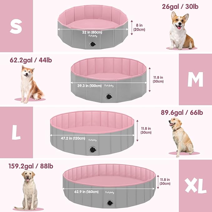 Furrybaby Foldable Dog Pool 32", Hard Plastic Kiddie Pool for Dogs, Collapsible Dog Pool with Rigid PP Core, Non-Slip PVC, Durable Pet Bath Tub for Indoor/Outdoor Backyard, Pink