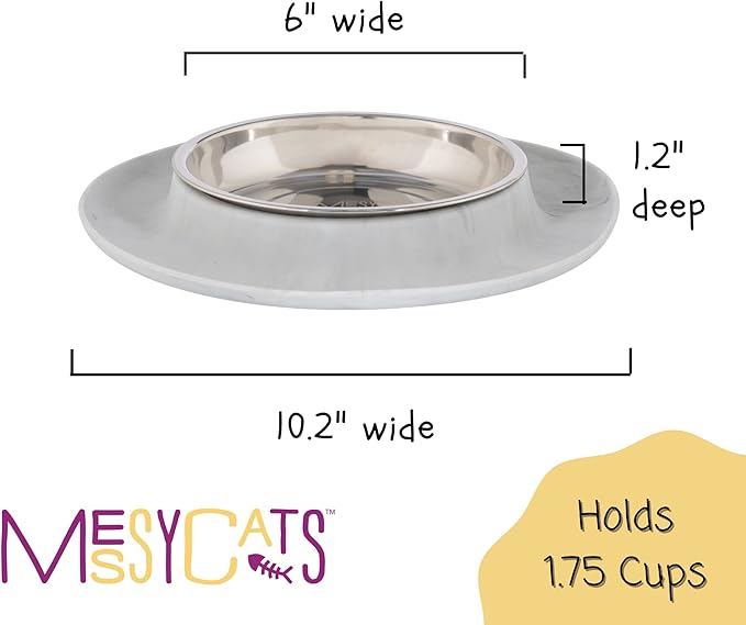 Messy Cats Single Silicone Feeder with Stainless Saucer Shaped Bowl | Anti-Slip Non-Skid Cat Food Bowl | One Cat Bowl in Feeding/Water Station | 1.75 Cups (Marble)