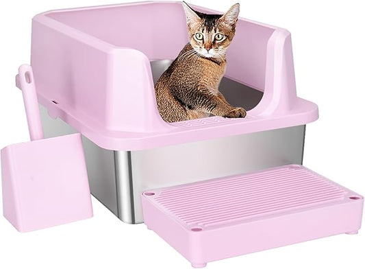 RIZZARI Large Pink Stainless Steel Cat Litter Box - Open-Top with Non-Stick Coating, High Sides Splash-Proof, Easy Clean for Cats up to 20 lbs, Ideal for Living Rooms & Apartments