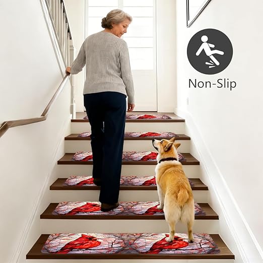 Animal Abstract Bird Stair Treads for Wooden Steps Indoor Washable Staircase Carpet 15PCS 30"x7.8" Stair Step Treads Non-Slip Staircase Covers Peel and Stick Safety Mat for Kids Elders Pets