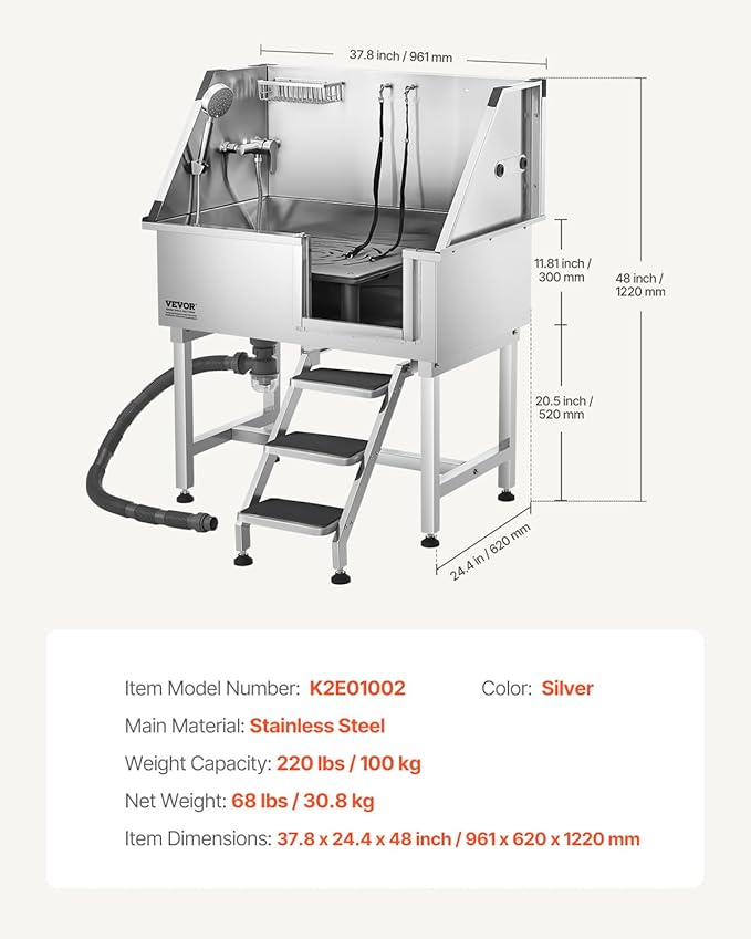 VEVOR 38 Inch Stainless Steel Dog Washing Station, Pet Grooming Tub with Hot & Cold Faucet, Showerhead, Home Wash Sink, Fits Small and Medium Cats and Dogs, Non-Slip Stairs (Right Door)
