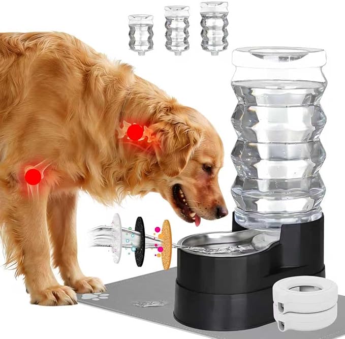RIZZARI Black 9L Gravity Dog Water Dispenser - Ion Exchange & Carbon Filtration, Raised Base for Senior Dogs, Spill-Resistant, Includes 2 Filters & Caps, with Stainless Steel Bowl, for Multi-Dog Homes