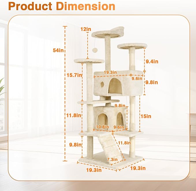 FDW | 54" Cat Tree Tower | Beige | Multi-Level Indoor Activity Center with Sisal Scratching Posts, Condos, Plush Perches, Hanging Cat Toys | Sturdy, Easy to Assemble | for Kittens & Adult Cats