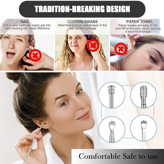 Spring Ear Cleaning Tool Kit - Contains 6 Pieces of Adult Spiral Ear Wax Remover, Ear Picker, Ear Wax Remover, Etc. -Ear Wax Removal Kit with Housing - Black