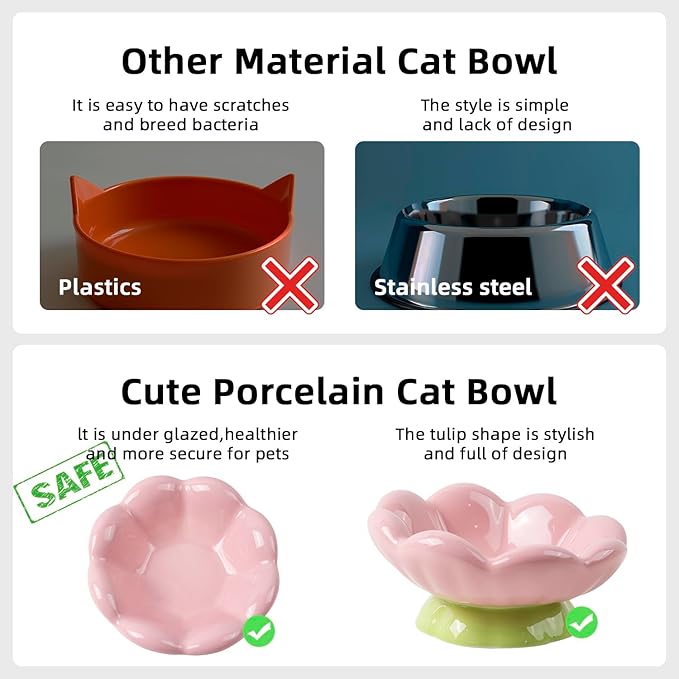 DIF DECO Ceramic Raised Cat Bowl, Pink Elevated Food Bowls for Food and Water Protecting Spine and Whisker Friendly,Tulip Shape Cute Pet Feeder Dish for Indoor Cats and Small Dogs(Height 3.3 inch)