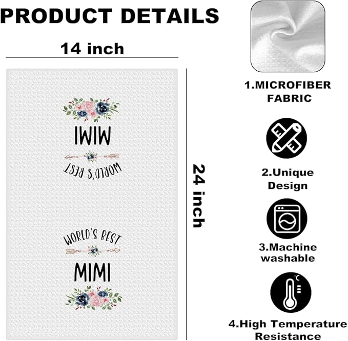 World’s Best Mimi Gifts Kitchen Towels 24x14 Inch, Floral Waffle Absorbent Tea Dish Hand Towels, Reusable Dish Towel for Kitchen Bathroom Decor, Birthday Christmas Thanksgiving Gifts for Mimi Grandma