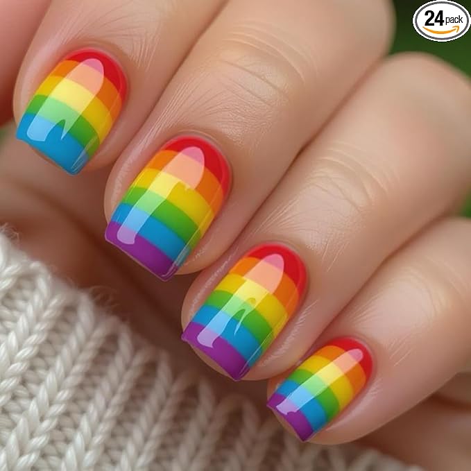 yefiuo Summer Press on Nails Short Square Stripe Multicolor Fake Nails Press ons Acrylic False Nails Glue on Nails Reusable Nail Tips Kit Full Cover Stick on Nail Supplies for Women Girls 24Pcs