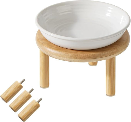 Havniva Elevated Cat Bowls Raised Ceramic Cat Bowl, 5.9” Wide Opening Cat Food Bowl Whisker Friendly Cat Dish Anti-Slip with Bamboo Stand, Shallow Pet Food & Water Bowl for Indoor Cats