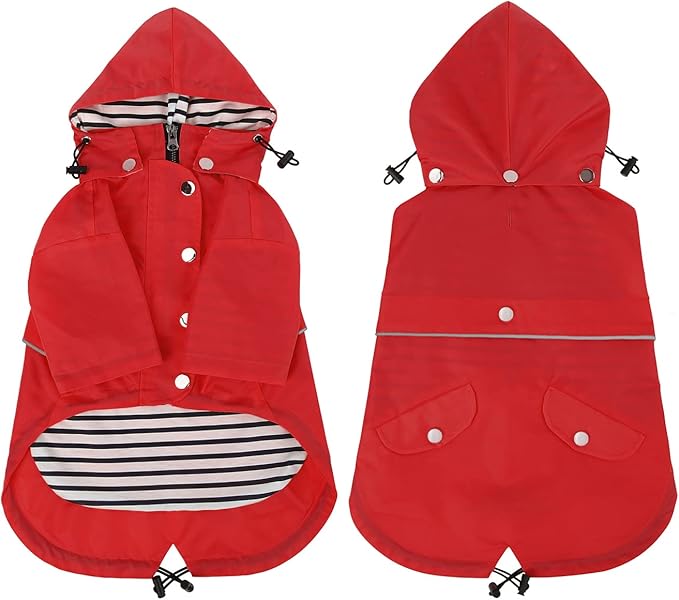 HDE Dog Raincoat Poncho Double Layer Zip Rain Jacket with Removable Hood, Leash Hole for Small to 3XL Dogs and Puppies Red - S