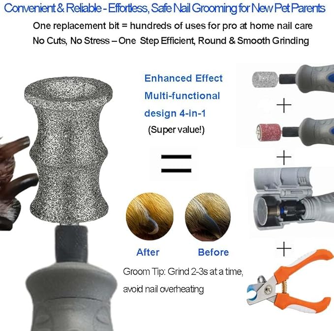 Diamond Dog Nail Grinder Bits Attachments for Dremel 7760 7350 7300 - 1/8'' 80 Grit Replacement Heads Refills & Tip for Most Pet Grinders - Painless & Safe for All Dogs Cats Thick Tough Nails Grooming