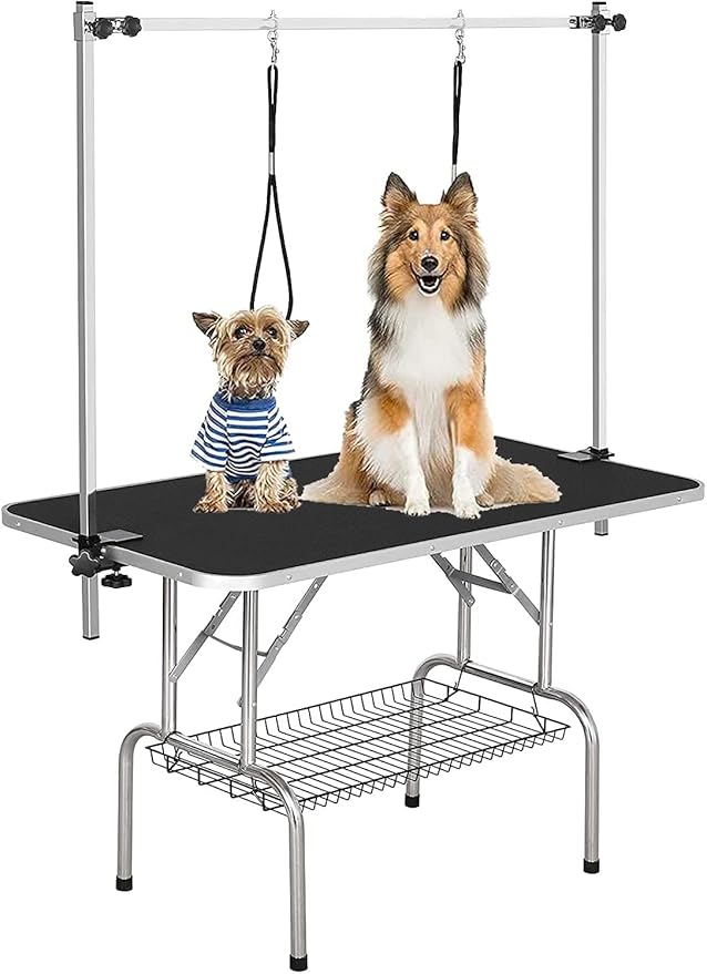 Pet Dog Grooming Table, Adjustable Large Heavy Duty Professional Foldable Trimming Stage with Arms, Noose, Mesh Tray, Maximum Capacity Up to 330LBS, 36''/Black