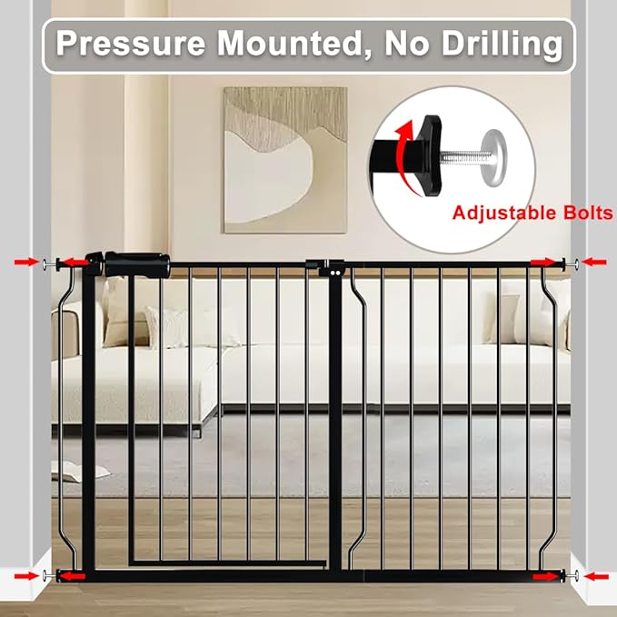 Fairy Baby Walk Through Black Baby Gate 29-34 Inch Wide for Stairs, Pressure Mounted Safety Gate with Door No Drill, Tension Metal Gate for Dog and Toddler