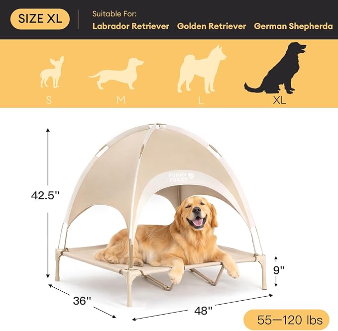 FUNNY FUZZY Elevated Dog Bed with Canopy,Khaki, X-Large (48"x36"x9") – Outdoor Raised Dog Cot with Shade, Cooling Breathable Mesh Pet Bed, Portable Waterproof Camping Bed for Large Dogs up to 120 lbs
